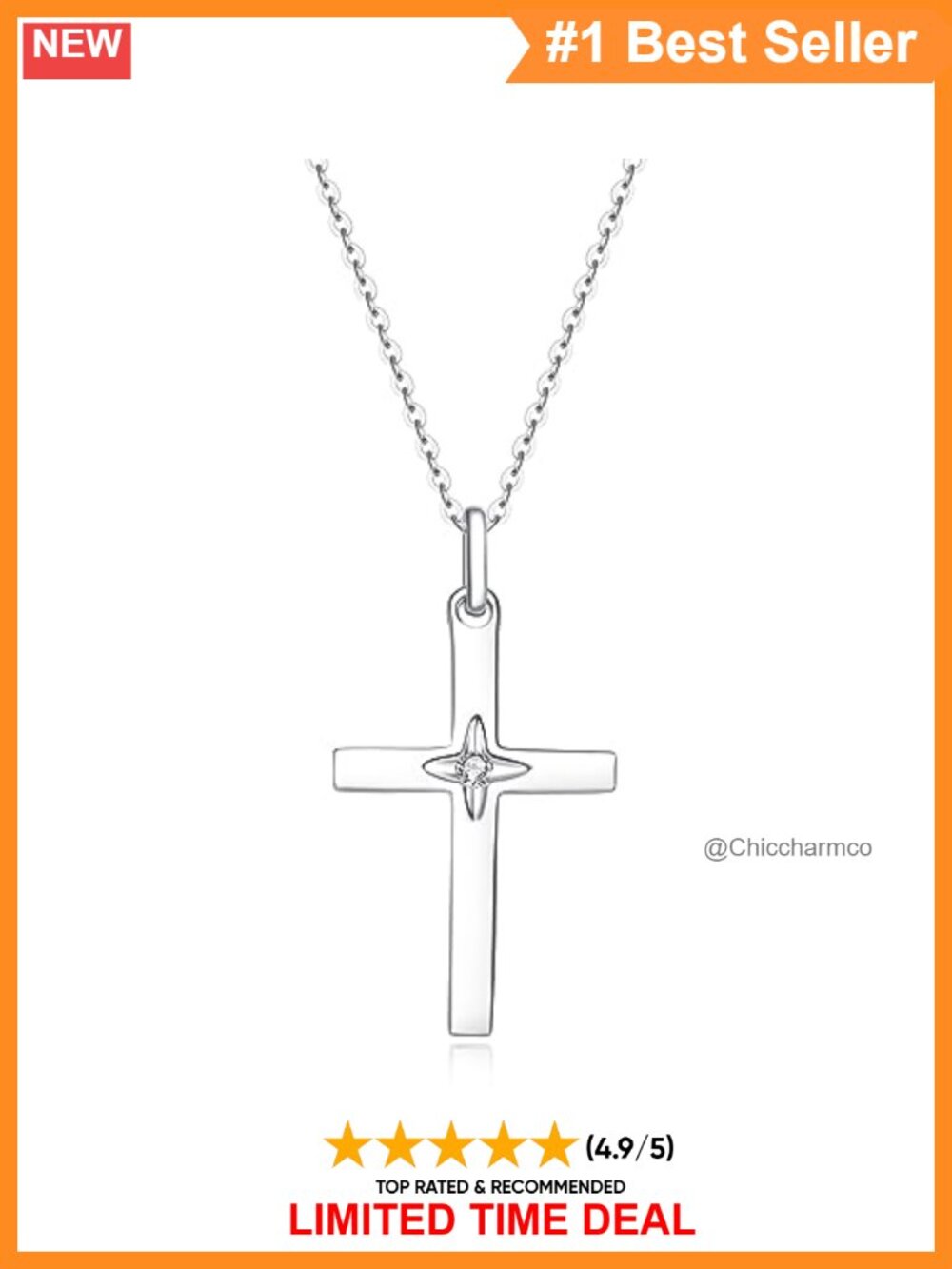 14K Solid White Gold Star Diamond Cross Necklace 16+2" Chain